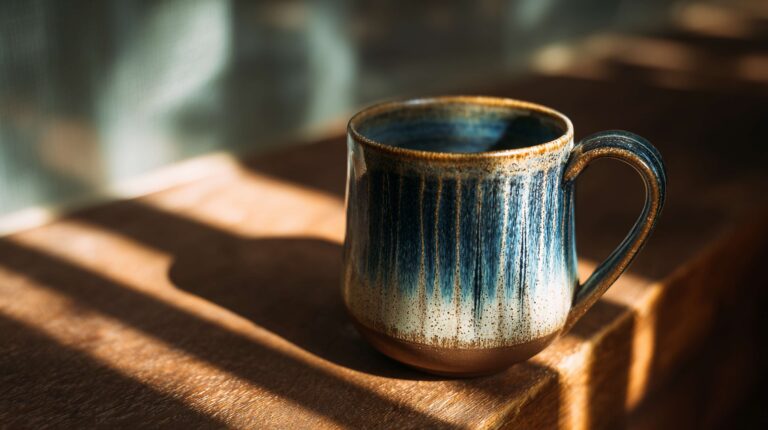taza de cerámica azul y marron