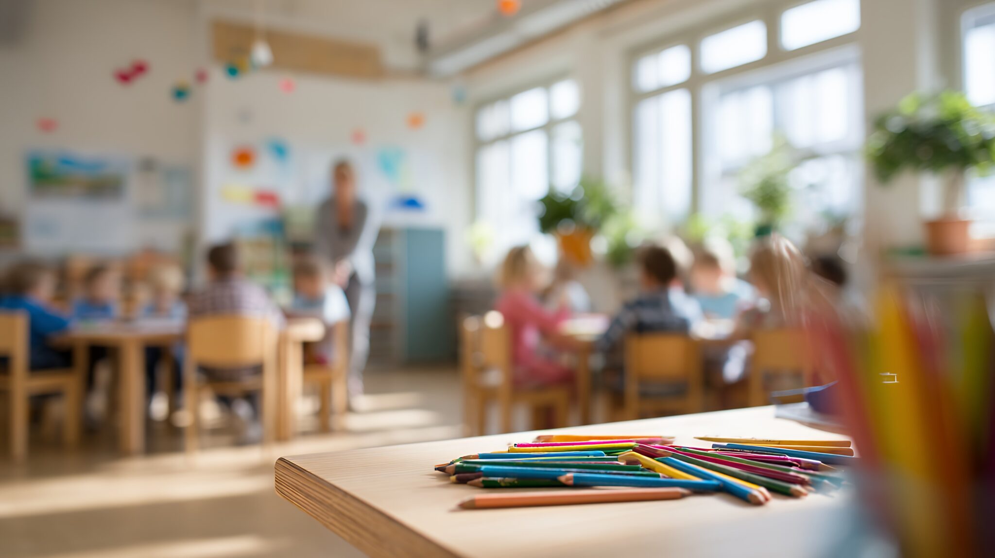 primer plano de lapices de colores en una clase de niños pequeños