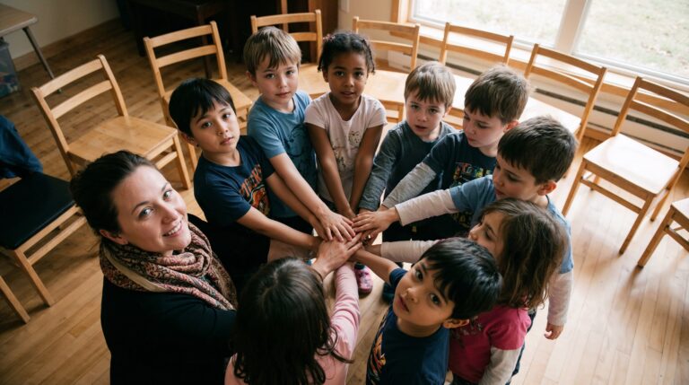 grupo de niños con su profesora en circulo dándose la mano