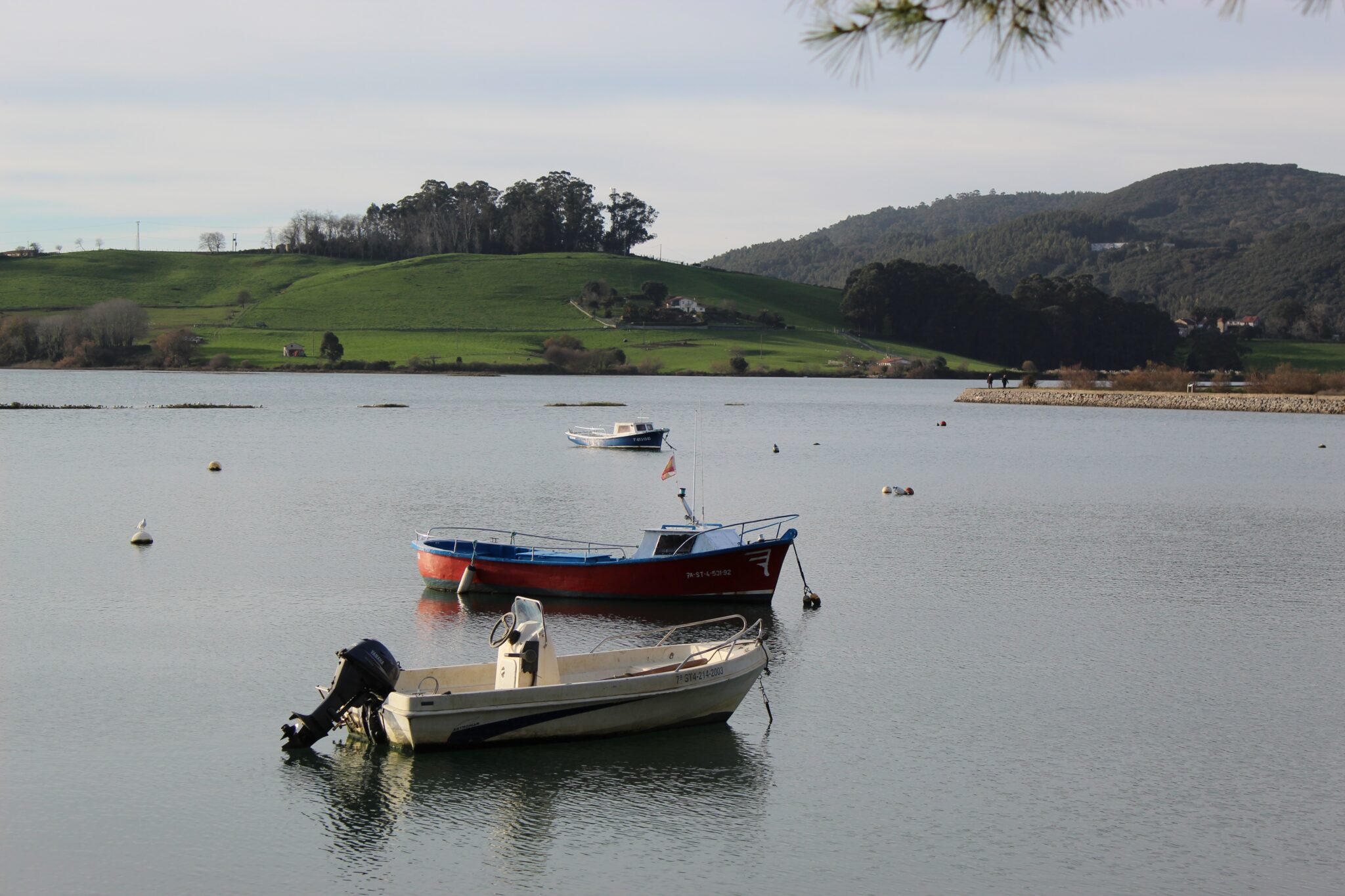 marisma de Santoña donde se ven barquitos pequeños y al fondo praderas verdes