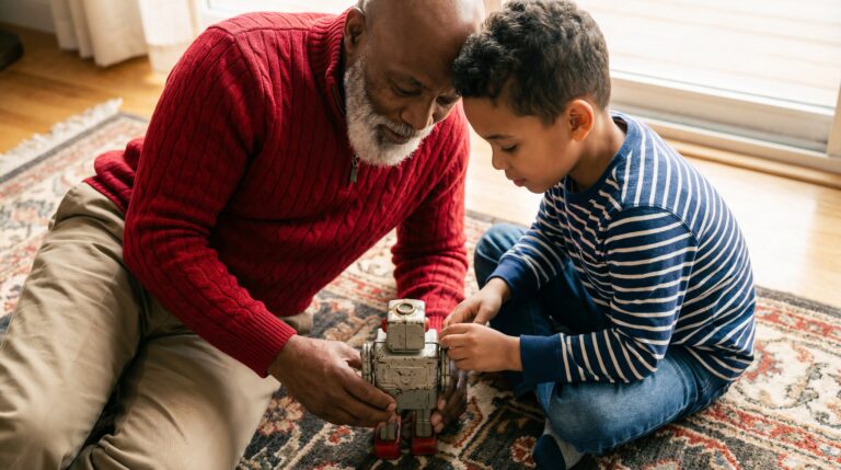 Abuelo con su nieto jugando en la alfombra con un robot de juguete