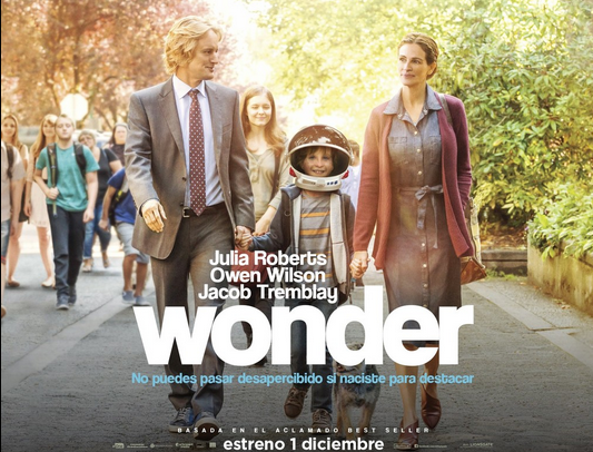 cartel de la película wonder donde se ve a tres de sus protragonistas