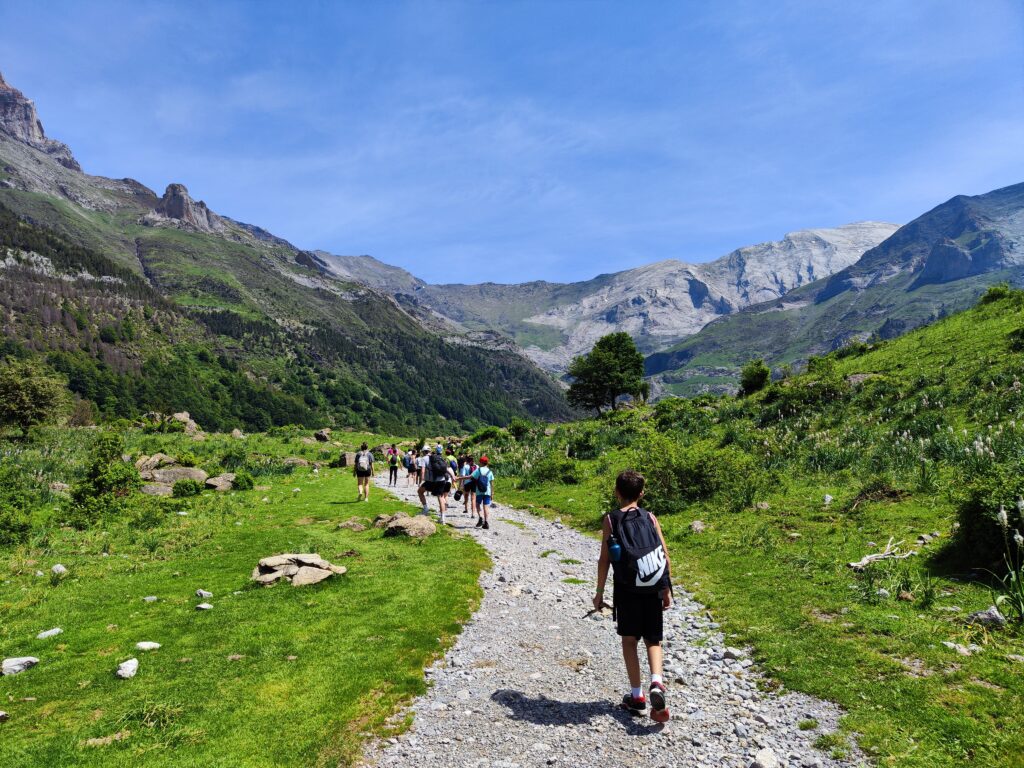 alumnos de primaria haciendo senderismo vistos desde atrás
